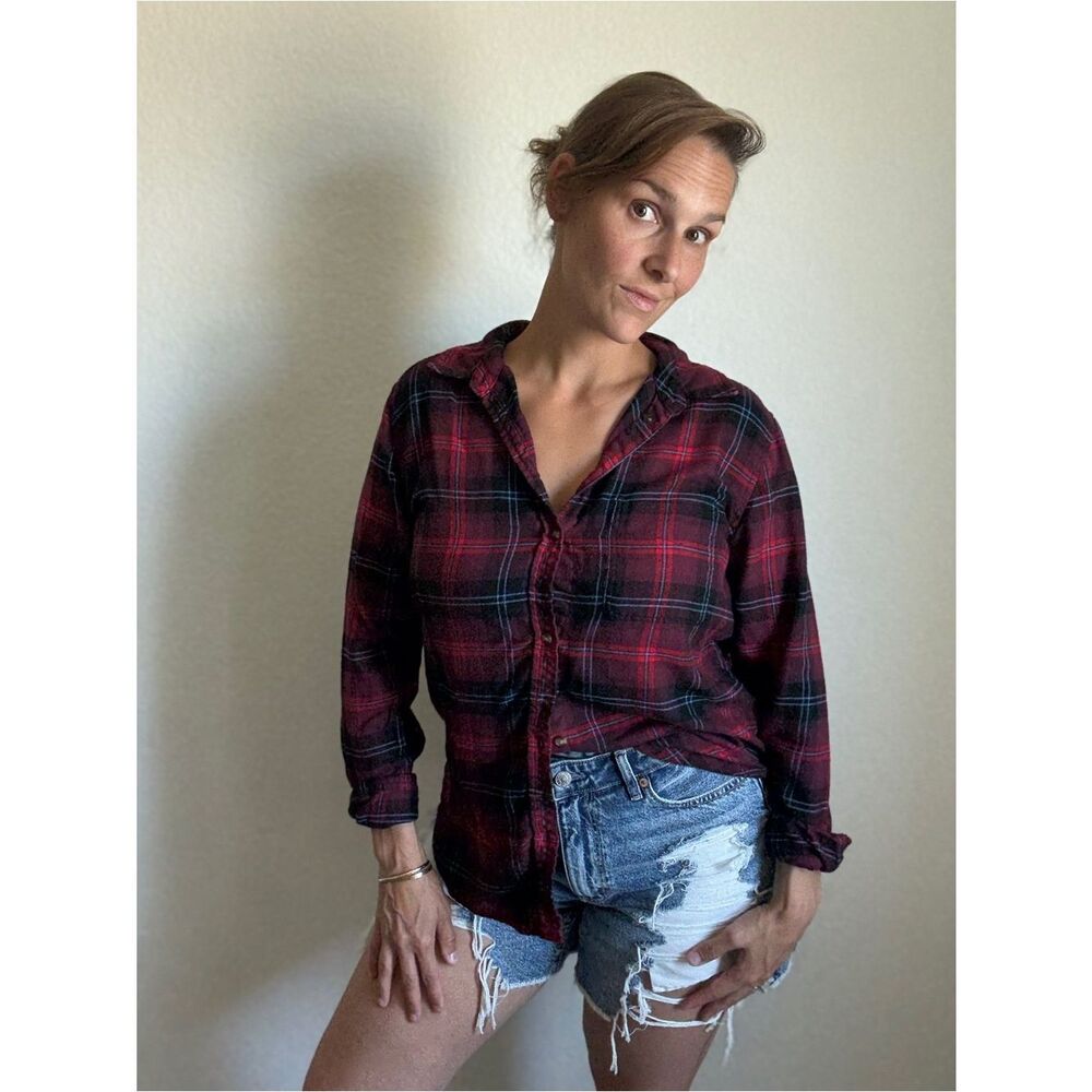 American Eagle Boyfriend Fit Plaid Flannel Red Blue Large Relaxed